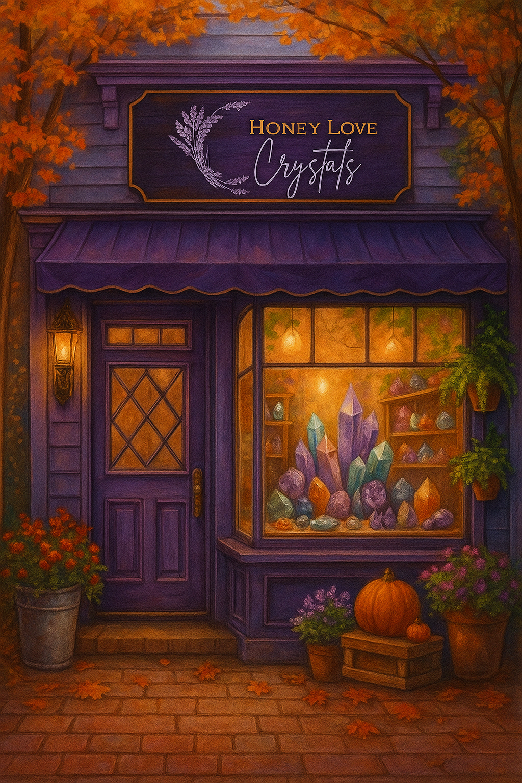 Purple storefront with 'Honey Love Crystals' sign, lit windows displaying crystals and pumpkins, autumn leaves.